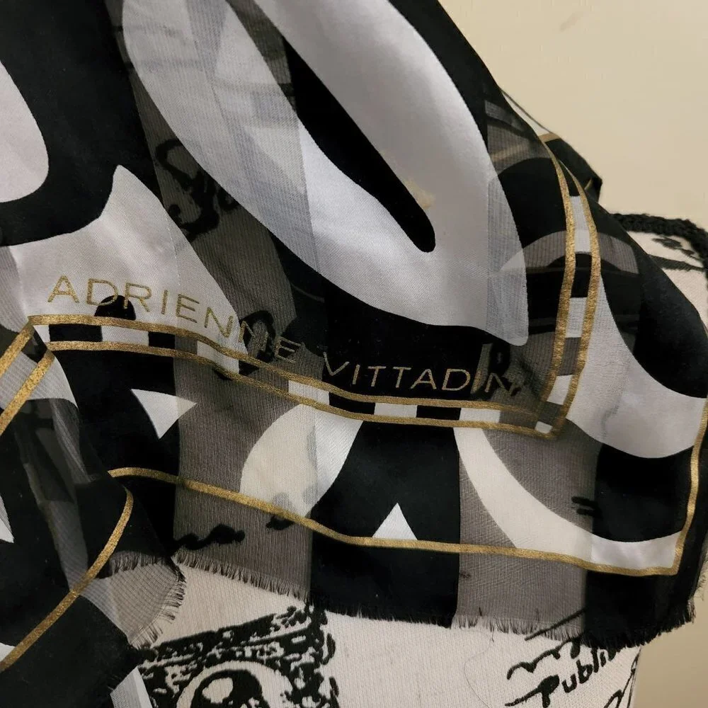 Adrienne Vittadini Stunning Black White Floral Silk Scarf